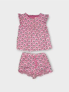 Mini Boden Pink Roses Woodblock Floral Top & Shorts Matching Set